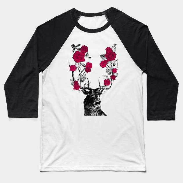 Stag and Roses | Stag and Flowers | Red Roses | Baseball T-Shirt by Eclectic At Heart